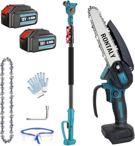 Akku-Motorsäge 6 Zoll mit Teleskopverlängerung für Makita 18V Akku – 2-in-1 Teleskop-System Leichte Gartensäge für Äste, Hecken, Bäume (2x3,0Ah Akku)