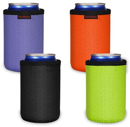 KENOBEE 4x 12oz Can Dosenkühler, isoliert wiederverwendbar rutschfest Neopren Dosenkühler Getränkehalter, Hüllen für Bierdosen (355ml, 4 Farben), Schwarz/Violett/Grün/Orange