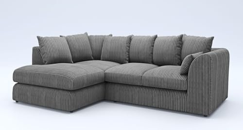 New Fabric Corner Sofa Firm | Soft Jumbo Cord 3-4 Seater Corner Sofa Left/Right Hand Facing (Charcoal Grey, Left Hand Facing)