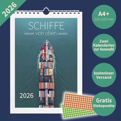 Schiffe von oben 2026 Wandkalender A4+ – Containerschiffe, Kreuzfahrtschiffe, Marineschiffe & Gastanker – 22,5×32,0 cm – mit Markierungspunkten – Fotokalender Schifffahrt & Meer (Kalendarium 2)