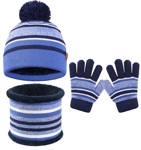 GWAWG 3 Pieces Hat And Scarf Sets for kids Winter Pom Pom Hat Scarf Gloves Set for Girls Boys Warm Knitted Beanie Hats Snood and Gloves for Children Aged 5-12 Outdoor Sports (Blue)