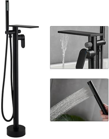 FBUKE Free Standing Tub Taps, Floor Mount Freestanding Bath Tap, Waterfall Stand Alone Bathtub Filler, High Flow Bathtub Shower Mixer Tap, Matte Black