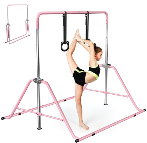 Yornoli Adjustable Kids Gymnastics Bar with Rings - Folding Horizontal Training Kip Bar, 5 Height Levels (37-52), Non-Slip Base & Floor Rings, Indoor/Outdoor Gym Equipment for Children