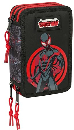 MILES MORALES Schulmäppchen mit 37 Utensilien, Kindermäppchen, ideal für Kinder von 5 bis 14 Jahren, bequem und vielseitig, Qualität und Widerstandsfähigkeit, 12,5 x 5,5 x 19,5 cm