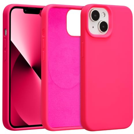 UCASONG Magnetic Liquid Silicone Case for iPhone 13/14, Hot Pink | 6.1Inch, Compatible with MagSafe, Cute Plain Solid Color Slim Case, Soft Smooth Matte Shockproof Protective Cover