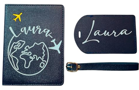 LesBri Homemade Creations Porta Passaporto Personalizzabile con Etichetta Valigia, Design Mappamondo con Aerei, 11.0 x 14.5 cm, Tema Viaggio (Blu)