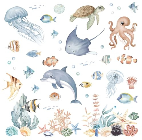 FUFUQUARE Unterwasserwelt Wandtattoo Unter dem Meer Fisch Wandaufkleber Delfin Quallen Seetang Tintenfisch Wandsticker für Kinderzimmer Babyzimmer Badezimmer Wanddeko