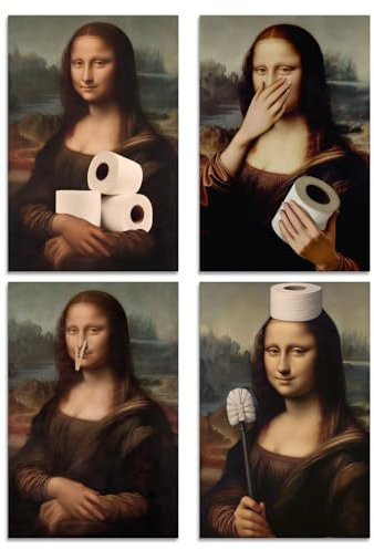 Aurelx 4 Stück Mona Lisa Toilette Wandbild, Lustiges Mona Lisa mit Klopapier und Nase zu Geste, Witziges Wanddeko für Toilette, Gäste WC & Badezimmer, 30x20 Cm Wandbild ohne Rahmen