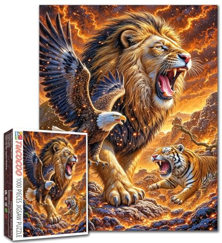 The Fierce Lion Puzzle Bald Eagle and Tiger Animal Jigsaw Volcanic Eruption Picture 1000 Pieces for Adults Beginner Challenging Family Activity Games DIY Crafts Puzzle for Home Decor Gifts
