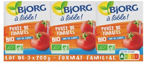 BJORG - Purée Tomate Bio - Sans Sel Ajouté - 100% Végétale - 3 briques de 200 g - lot de 2 (total de 1200 g)