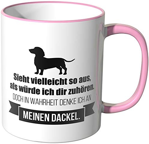 JUNIWORDS Tasse - Ich denke an Dackel - Wähle Motiv & Farbe - Rosa