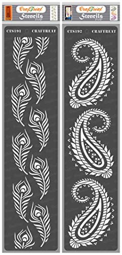 CrafTreat Indian Border Stencils for Painting on Wood, Canvas, Paper, Fabric, Floor, Wall and Tile - Peacock Feather Border and Paisley Border - 2 Pieces - 3 x 12 Inches Each - Reusable DIY Craft