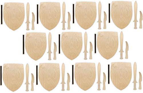 Herr Bo & Co 10x Ritterschild, Dolch und Messer als Set aus unbehandeltem 3mm Birkensperrholz, inkl. Halteschlaufe aus hochwertigem doppelseitigem Klettband, FSC-Zertifiziert, Made in Germany