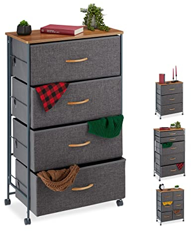 Relaxdays Schubladenschrank mit Rollen, 4 Stoff Schubladen, Deko Stoffschrank, Holzoptik, HBT 93 x 58 x 30 cm, grau