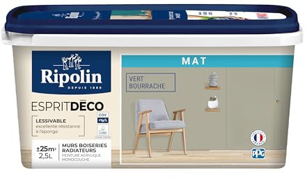 RIPOLIN - Peinture Intérieure Multi-Supports – Murs, Boiseries et Radiateurs – Ultra Couvrante – Lessivable – Application Facile – Ecolabel - Aspect Mat - 2.5L - Vert Bourrache