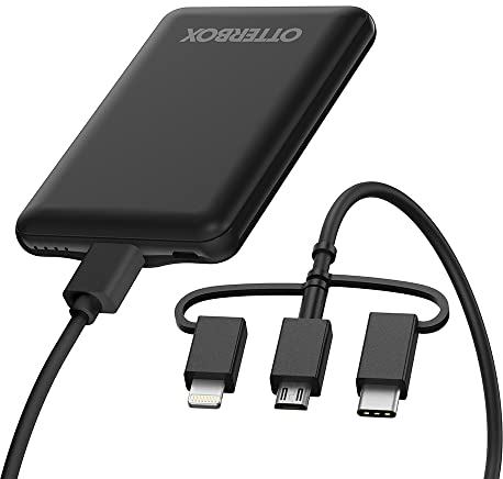 OtterBox Power Bank, Cargador portátil 5,000 mAh con Puertos USB-A 10W y Micro-USB 10W, indicador Carga LED, Fino, de Diseño Duradero y Resistente a caídas, Incluye Cable 3 in 1, Negro
