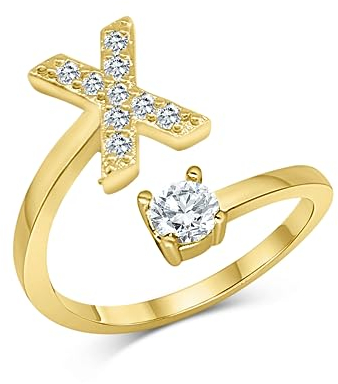 Zelaro Zirkonia Ring mit Initialen Gold | Pärchen Ringe für Mädchen Geschenk für Freundin, Freund | Ring mit Buchstabe | Frauen Ring als Schmuck Ringe zum Jahrestag | Verstellbare Ringe in Gold (X)