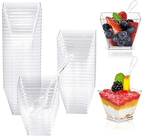 BUENTYA 50 Stück Desserttassen Dessertbecher Plastik Dessertgläser 60ml Dessertschalen Set Kleine Kunststoff Nachtischschalen mit Löffeln Eisbecher Plastik Fingerfood Schalen für Party