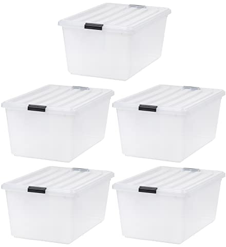 IRIS USA 68 Quart Stackable Plastic Storage Bins with Lids and Latching Buckles, 5 pack - Clear/Black, Containers with Lids and Latches, Durable Nestable Closet, Garage, Totes, Tub Boxes Organizing | Clear design makes contents easy to identify while organizing closets, bedrooms and storage rooms, Stackable and nestable