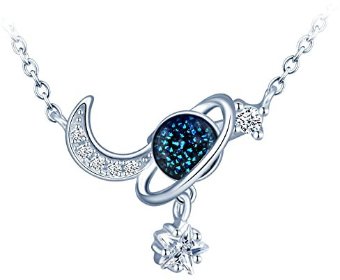 MICGIGI Damen Sterling Silber Planet Mond Halskette Zirkonia Anhänger Kette