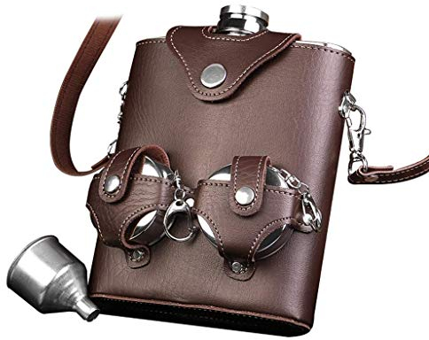 Petacas de licor de acero inoxidable de 18 onzas, juego de petaca de alta resistencia de cuero marrón, incluye embudo y caja de regalo para acampar al aire libre, petaca de whisky, petaca de vodka p