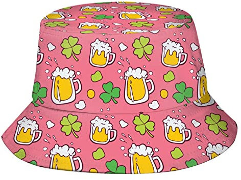 QQIAEJIA Grünes Kleeblatt bedruckte Fischerhüte Mode Sonnenmütze St. Patrick's Day Design Reise Fischerhut Strandhut für Frauen Herren Teenager, Bier und Kleeblatt Muster 4, One size