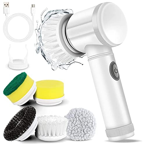 Brosse de nettoyage électrique - Nettoyeur rotatif électrique avec 5 têtes de brosse - Kit de nettoyage automatique pour baignoire de salle de bain, cuisine, carrelage, baignoire, assiette
