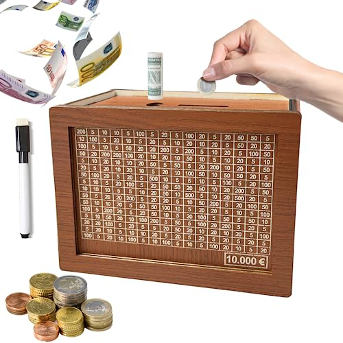 SparBox,Sparbox Mit Zahlen Ankreuzen,Spardose 10000 Euro,Retro Spardose Holz,Spardose Zum Ankreuzen,Die Neue Spardose,Urlaubskasse Spardose für Scheine für Erwachsene Kinder,20x14.5x7.6cm