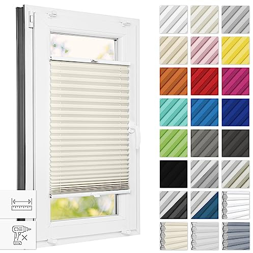 Estika Plissee ohne Bohren 30 cm x 50 cm - Elfenbein - Bruchfeste Klemmhalter, Plissee klemmfix, Rollos für Fenster ohne Bohren, Jalousien Fenster für innen, Raffrollo, Fenster plissee
