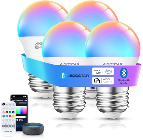 Aigostar Mesh - Alexa Glühbirne E27 Bluetooth Mesh G45 6.5W, Smarte Glühbirne Funktioniert mit Alexa, Smart Bulb LED 555LM RGB & 2700K-6500K, 4 Stücke (mit Bluetooth-Fernbedienung)