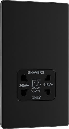 BG Electrical Dual Voltage Shaver Plug Socket, Electric Toothbrush Charger Socket for Bathrooms, Screwless Front Plate, Premium Flatplate, 2-Pin, Matt Black, 115V / 240V, FFB20