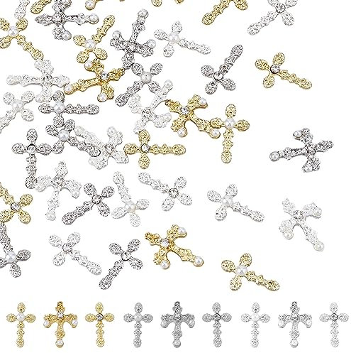 HOBBIESAY 54Pcs 9 Style Zinc Alloy Rhinestone Cabochons Charm Cross Nail Art Decoration Accessories 3D Metal Chain Buckle Nail Charms for Women DIY Beautiful Jewelry Cellphone Crafts