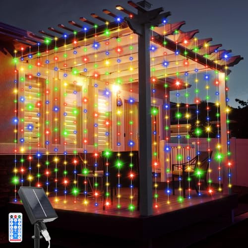 JIMACRO Solar Vorhang Lichterkette, 3Mx3M Solar Lichtervorhang 10 Pcs String Lichter 8 Modi 300 LED Wasserdichte Lichterkette Fernbedienung für Außen Garten Pavillon Balkon Hochzeit Party Deko