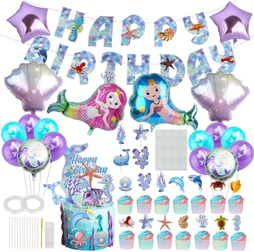 Meerjungfrau Luftballon, 44 Stück Meerjungfrau Geburtstag Deko, Folienballon Mermaid, Meerjungfrau Tortendeko, Happy Birthday Banner Set für Mädchen Geburtstags Feier Ozean Themen Party Hochzeit Deko