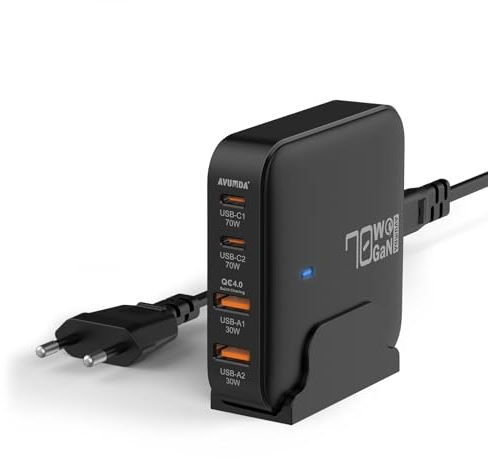 AVUMDA 70W USB C ladegerät 4 Ports PD3.0 GaN III Netzteil für MacBook Pro Air M1 M2 Dell XPS 15 iPhone 15 Pro Max iPad Pro Air Google Pixel Samsung Galaxy S23 Ultra S22 S21 Note S22 Steam Deck Switch