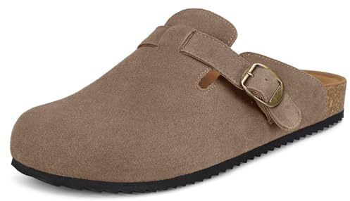 Suede Clogs for Mens Womens Genuine Leather Clogs Adjustable Buckle Cork Footbed Slippers Sandals Brown