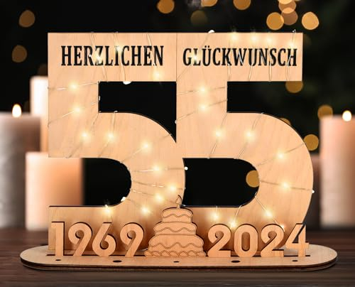 Giftota - 2024 Originelle 55 Geburtstag Geschenk Frauen & Männer - Geldgeschenke Geburtstag 55 mit LED Lichterkette Ständer - Holz-Schild Gästebuch - 55 Geburtstag Deko - Personalisierbares Geschenk