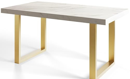 Industrieller Esszimmertisch LOFT-U, ausziehbarer Tisch, Größe: 140-240X80X77 cm, Wohnzimmertisch Farbe: MARMUR, mit Metallbeinen in Farbe Gold