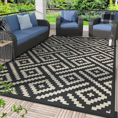 GENIMO Outdoor Teppich wasserdichte, 150x245cm Reversible Camping Matte, Plastik Picknick Decke für Wohnmobil, Camper, Balkon, Hinterhof, Deck, Schwarz & Beige
