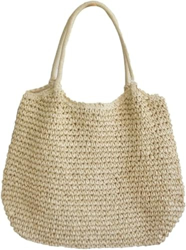 Hzxsny Leichte Strohtasche für Damen, Stroh-Strandtasche, Tragetasche, große gewebte Tragetasche, Strohtasche, Sommer-Strand-Rattan-Handtasche, Beige, Free, Tragetasche