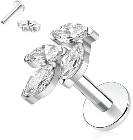 Hengkaixuan Blatt Labret Schmuck Innengewinde Ohrstecker Titan Flatback Ohrring Silber 16G Tragus Piercing 8mm Monroe Medusa Helix Knorpel Conch