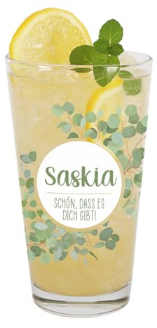 Herz & Heim® Kompliment Trinkglas mit Wunschnamen bedruckt (Eukalyptus - wie schön)