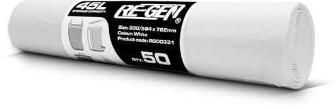 1 Roll (50 Bags) RE-GEN 45L White Swing, Pedal, Square Bin Liners Refuse Sacks | Everyday, Office & Home Use | Industrial Quality Rubbish Garbage Bags 330/584 x 762mm