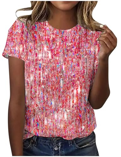 Damen Kurzarm T-Shirt Elegant Pailletten Oberteil Shirt Rundhals Basic Tunika Tops Lose Sport Bluse Sommershirts Mode Glitzer T-Shirt Sommershirts Sportshirt Angebot des Tages blitzangebot