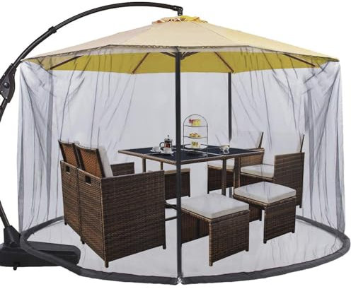 Moustiquaire pour Parasol Déporté et Parasol Droit de 275 cm/9FT et 300CM/10FT, Maille D'écran Réglable Résistant Aux Déchirures avec Porte à Fermeture Eclair Et Base Remplissable