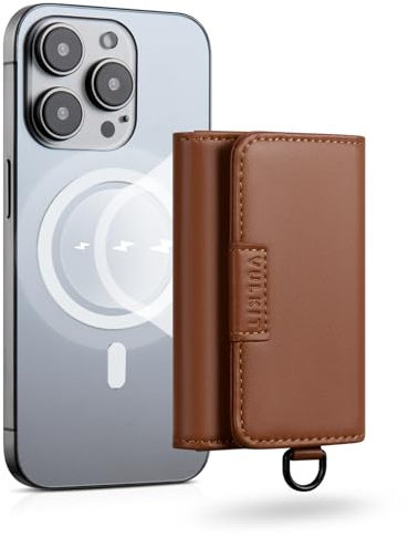 VULKIT Porte Cartes Magnétique, Petit Étui Cuir pour Max. 8 Cartes, Compatible avec MagSafe pour iPhone Série 16/15/14/13/12, Marron