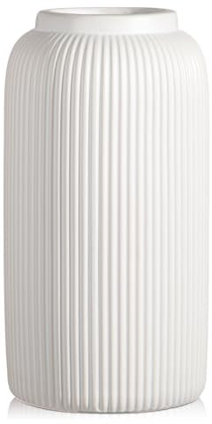 Arborus Ceramic Vase 24 cm Tall White Vases Ceramic Matt Round Ribbed Flowers Vase for Living Room Table Modern Bedroom Boho Home Decor