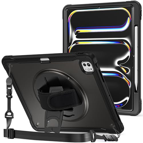 ProCase Custodia robusta per iPad Pro 13 2024 M4 con portamatite, resistente agli urti e robusta custodia con cinturino da polso girevole a 360 gradi cavalletto protettivo per iPad Pro 13 7a