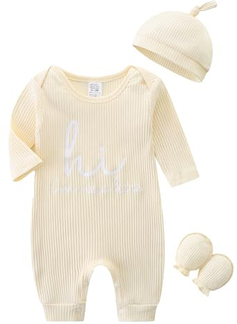 KIDDLETOWN Baby Strampler Neugeborene Schlafanzug 0-3 Monate | Strampler für Mädchen und Jungen, Schlafanzug mit Hut und Handschuhe, Letter Print Newborn Baby Set, Baumwolle+Spandex