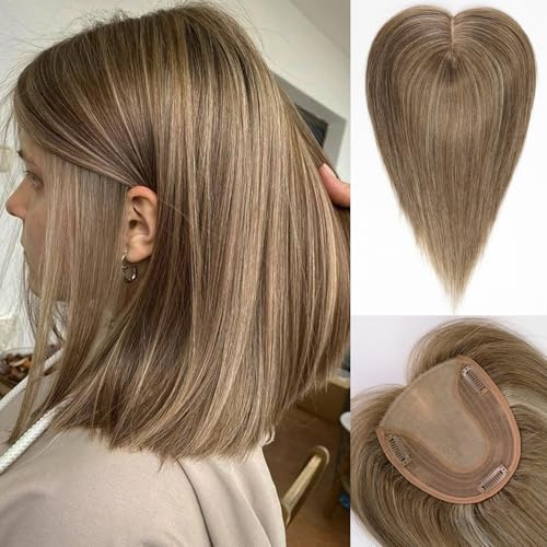 HAIRCUBE Echthaar-Haarteil ohne Pony für Damen,5x5,5 Zoll Basis,14 Zoll Hellbraun,zur Deckung von grauen Ansätzen und dünner werdendem Haar
